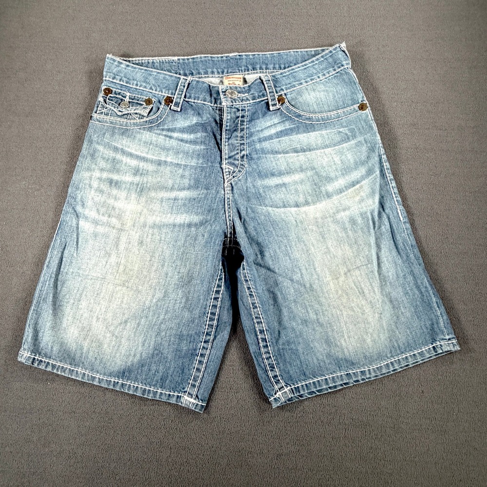 True Religion Mens 36 Surf Board Shorts Denim Blue Distressed Big T Stitch Y2K